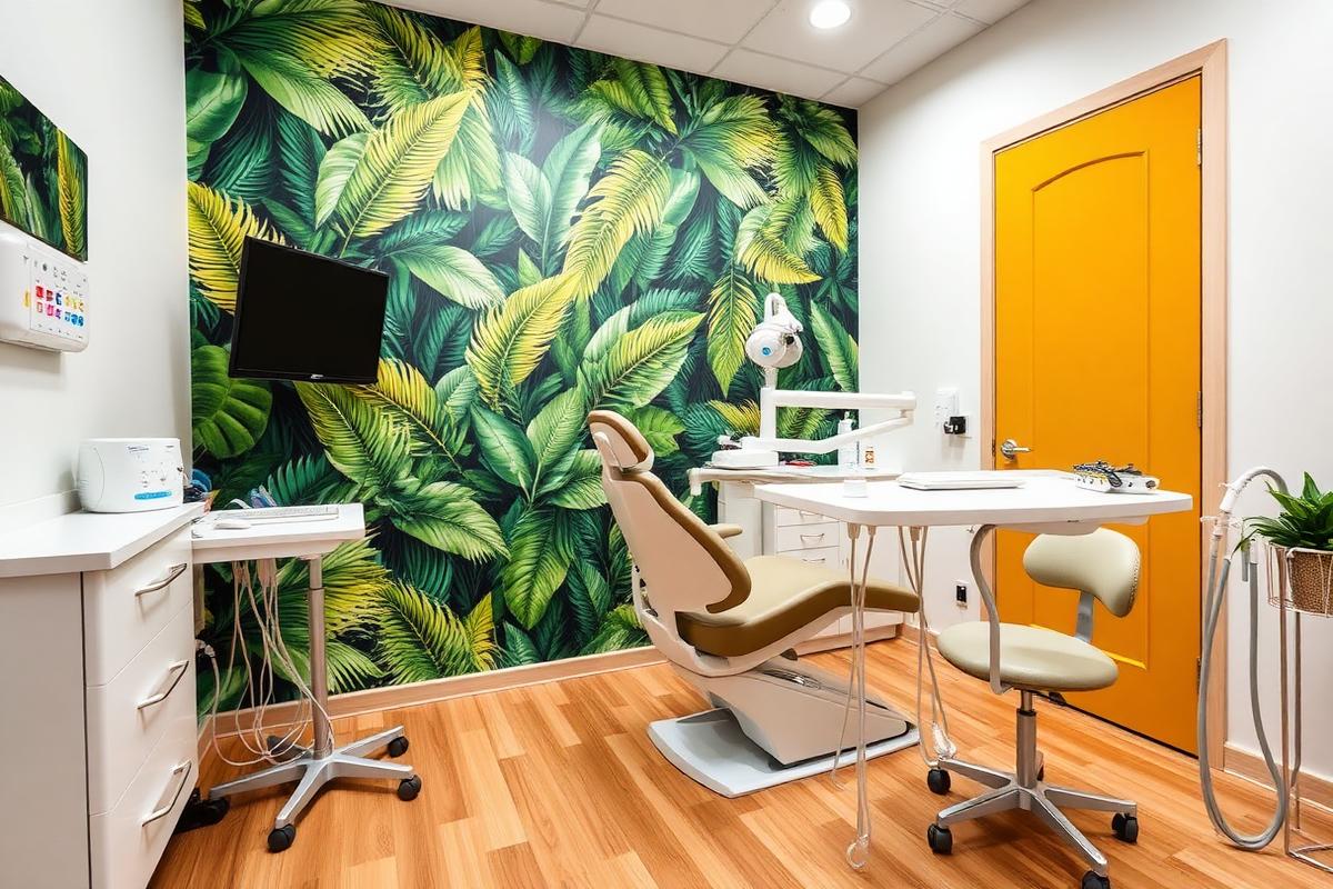 Salle de soins du cabinet dentaire Dr Borjon avec décor tropical